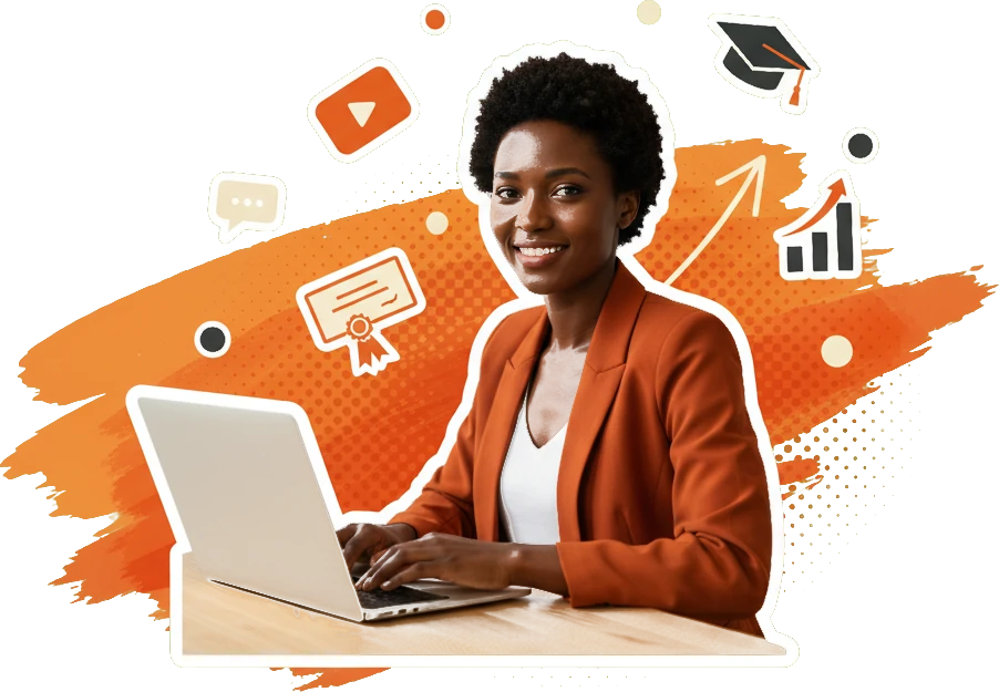 Une apprenante des Ateliers Pratiques devant son ordinateur, entourée d'icônes de cours vidéo, de diplôme et de progression
